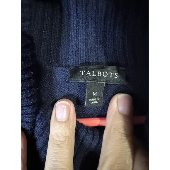 Talbots Wool Blend Women's Sweater Sz Medium Navy Polar Bear Cowl Neck Pullover - Picture 5 of 8